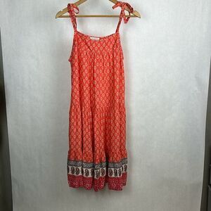 beachlunchlounge Tiered Tie Shoulder Dress Sz Large Orange Print Summer